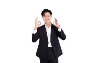 Confident Executive with OK Gesture: A sharp, well-dressed executive exudes confidence with a cheerful expression and a gesture indicating approval or affirmation.