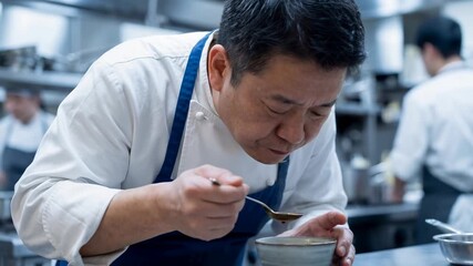 A skilled chef meticulously examines the aroma of a dish, exuding an air of expertise and dedication within a professional kitchen environment.