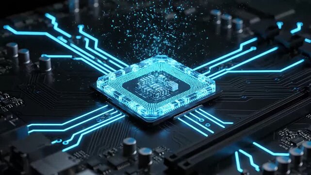 Futuristic Microchip Circuit Board with Neon Blue Illumination.