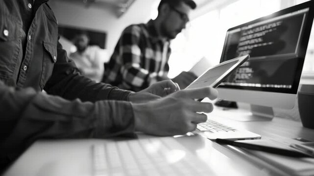 This is an of two men sitting at a desk using a laptop with a large monitor in the background. They appear to be focused on their work, which could possibly involve coding or software development