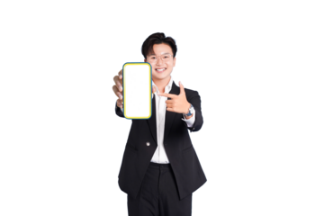 Tech Enthusiast: Confident individual in a sharp suit displays a mobile device with a bright screen, a gesture of recommendation and showcasing technological integration.