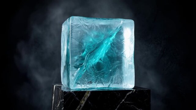 A close-up captures a pristine ice cube illuminated from within, its icy facets glinting with ethereal light against the darkness. It evokes a sense of coldness and surreal beauty.