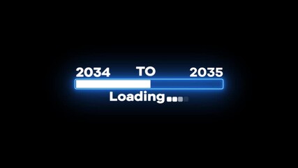 Neon loading bar with white fill showing progress from 2034 to 2035 on black background progress bar.advance happy new year.