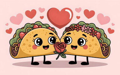 Cute Cartoon Taco Couple in Love with Red Rose and Floating Hearts for Valentine's Day