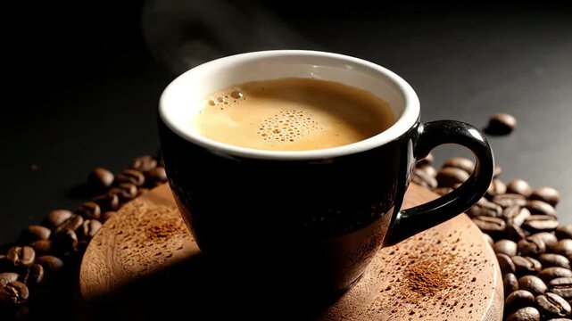 A cup of coffee surrounded by coffee beans on a wooden coaster.
