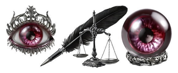 Artistic Symbolism with Eye Motif, Scales, and Elegant Black Feather Illustration