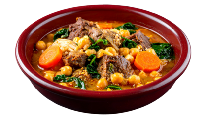 Hearty stew in a deep red bowl, featuring meat, chickpeas, spinach, and carrots
