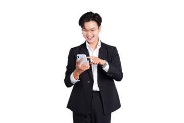 Modern Connection: A smiling businessman engaging with technology, seamlessly interacting with his mobile phone. capturing the essence of modern communication and professional elegance.