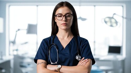 Confident female doctor standing in a modern medical office with arms crossed.