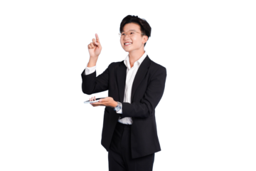 Confident Entrepreneur: A stylish young entrepreneur, radiating self-assurance, gestures upwards with a thoughtful expression, embodying visionary thinking and innovative potential.