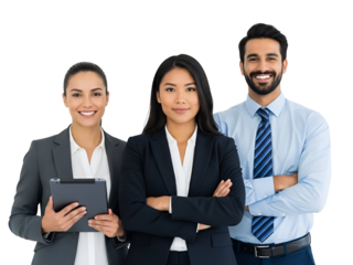 Diverse business team of confident professionals featuring two women and one man, posing happily in corporate attire with a tablet, isolated on transparent background.