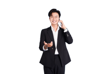 Business Communication: A confident businessman, impeccably dressed in a tailored suit, engages in a phone conversation. With a welcoming gesture, he radiates professionalism and approachability.