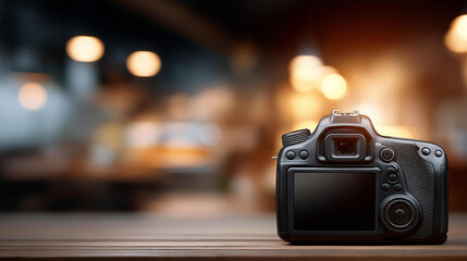 DSLR camera in front of blurred photo studio, professional photography equipment, imaging workspace backdrop, camera gear display, defocused studio environment, with copy space