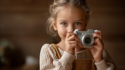 Faceless little girl taking photos in studio, child photographer, young person with camera, youth creative activity, photography learning experience, defocused young individual, wi