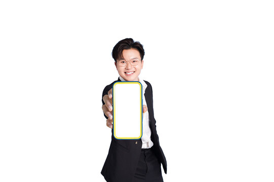 Portrait of a Confident Presenter with Smartphone: A well-dressed man, smiles and holding up a smartphone, ready for your message or design, on display. - Powered by Adobe