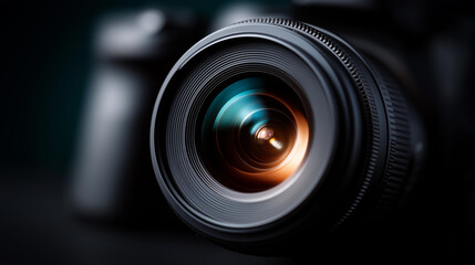 Closeup view of camera lens, photography optics detail, imaging equipment focus, photographic apparatus, optical device visualization, lens technology display, with copy space
