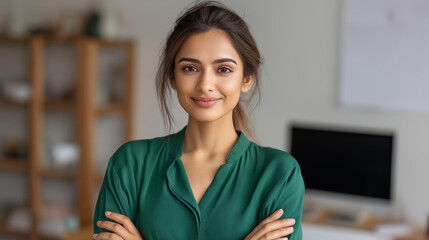 Faceless confident woman posing for photo in modern office environment, digital equipment enhances blog concept, content creator, professional portrait, defocused person, with copy