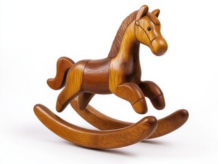 A wood rocking horse is on a white background.
