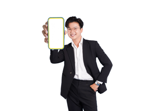 Modern Technology Showcase: A sophisticated businessperson, smartly dressed, proudly presents a blank smartphone screen, a symbol of innovation and connectivity. - Powered by Adobe