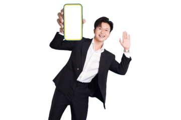 Elegant Presentation: A refined individual showcases a smart device with a blank screen, suggesting cutting-edge technology and limitless possibilities.