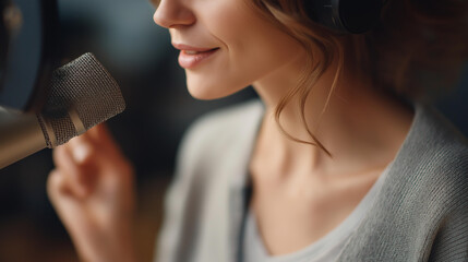 Faceless closeup photo of podcast host recording show in home studio, speaking into microphone with soundproofing and audio equipment visible, audio production, defocused person, w