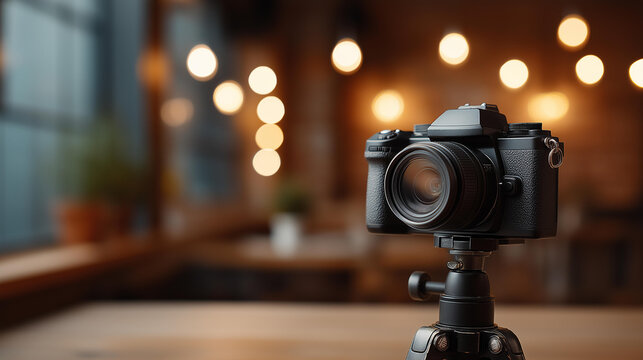 Professional camera tripod setup in studio with warm lights in background, perfect for photography or videography projects and equipment use, production workspace, with copy space