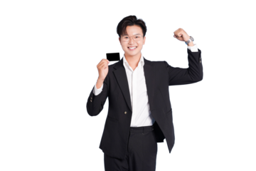 Financial Confidence: An elegant, self-assured individual in a stylish suit proudly displays a credit card, symbolizing financial acumen and confidence in a business setting.