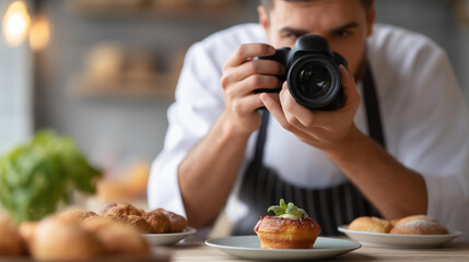 Faceless photographer capturing dessert photos for cooking blog, food photography work, culinary content creation, recipe imagery production, defocused person photographing, with c