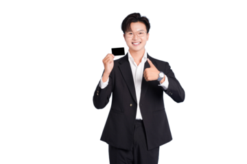 Successful Business gesture with Card: A young, confident professional in a tailored suit confidently presents a business card, showcasing his approval and competence.