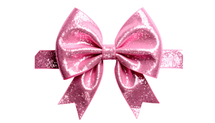 A vibrant, sparkling pink bow with a textured, glittery finish against a stark black background