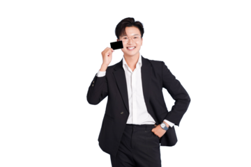 Payment Confidence: A well-dressed individual presents a credit card with a confident smile, exuding trustworthiness. 