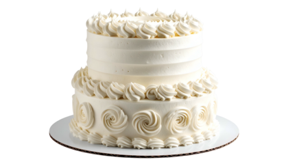 Two-tiered cake with white frosting and decorative swirls on a white plate