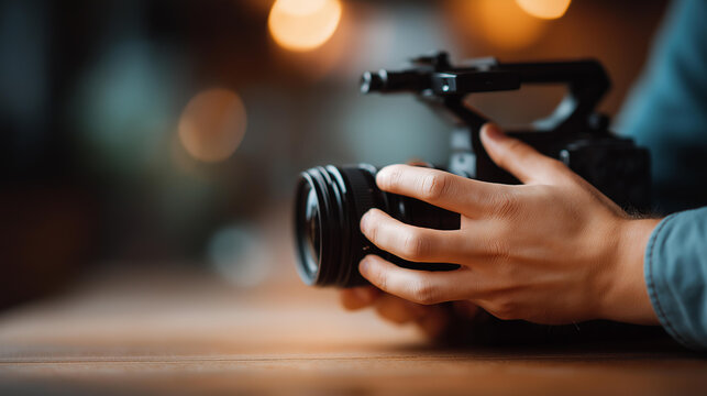 Faceless closeup of operator using professional camera during shooting, videography operations detail, content production work, media filming activity, defocused camera operator ha