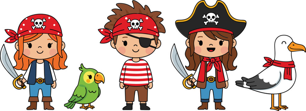 Set of cute little pirate kids with eye patches and swords featuring a green parrot and seagull characters.