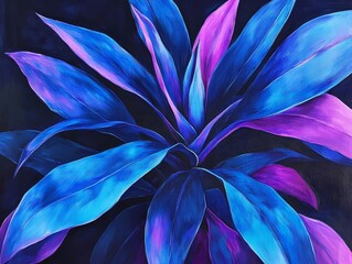 Bright blue and purple plant. Shiny leaves fill the frame. Dark, bold colors create a modern, tropical feel. Detailed and lush.
