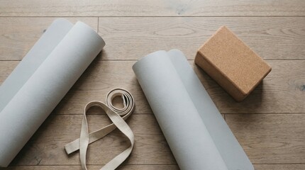Fototapeta premium Two rolled yoga mats with a cork block and a cotton strap on a wooden floor