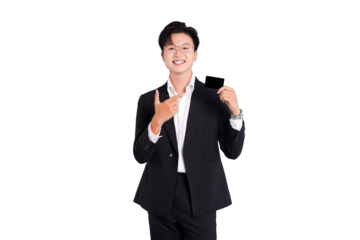 Credit Card Choice: An executive confidently displays a sleek credit card, embodying financial acumen and trust.