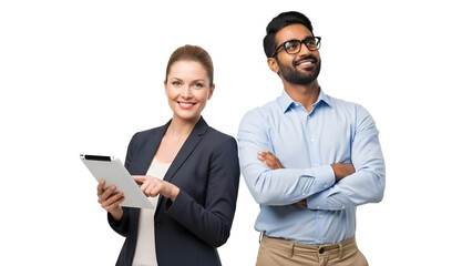 Positive multi-ethnic business team featuring a confident woman with a digital tablet and an optimistic man in glasses looking upwards, isolated on transparent background.