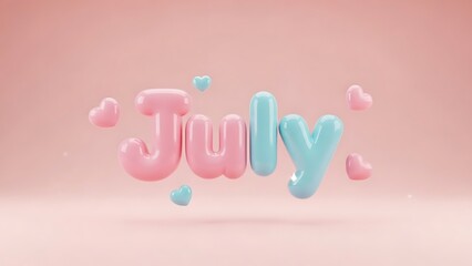 Cute 3D July balloon text with hearts on pink background.