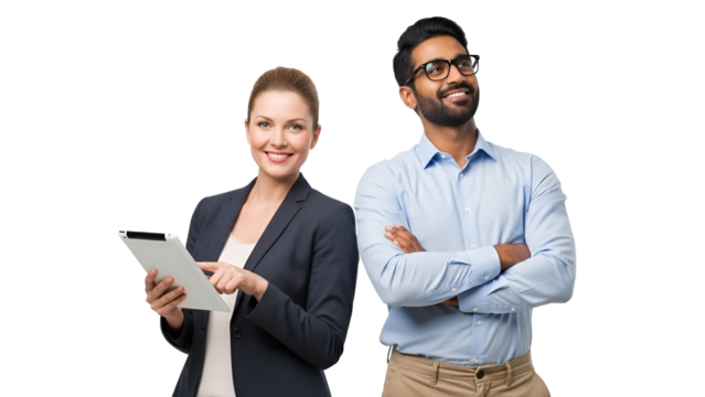 Positive multi-ethnic business team featuring a confident woman with a digital tablet and an optimistic man in glasses looking upwards, isolated on transparent background. - Powered by Adobe