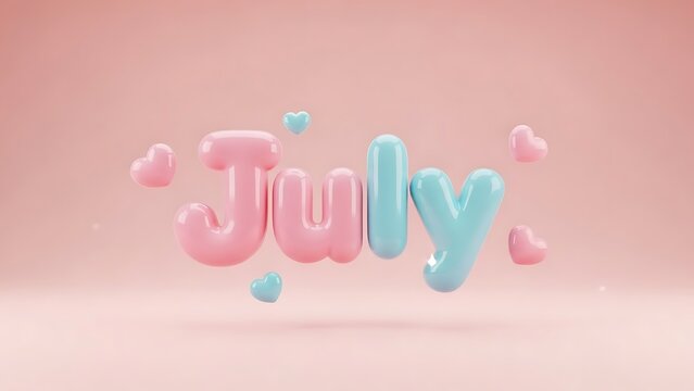 Cute 3D July balloon text with hearts on pink background. - Powered by Adobe