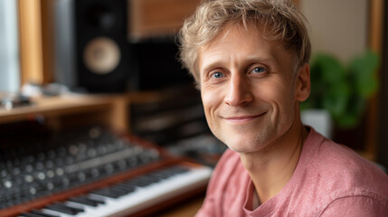 Faceless stunning photo of musician smiling in their recording studio with instruments and sound equipment, audio production space, music creation environment, defocused person, wi