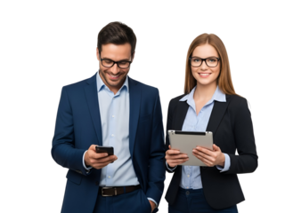 Smiling business professionals using modern technology. Young man checking smartphone, young woman holding a tablet, both wearing glasses in corporate attire, isolated on transparent background.