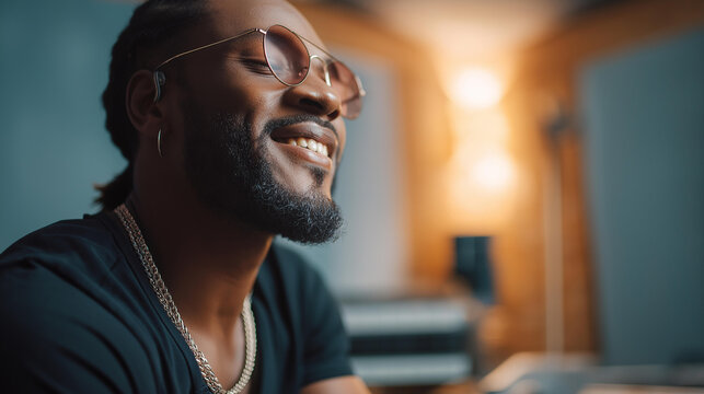 Faceless stunning photo of musician smiling in their recording studio with instruments and sound equipment, audio production space, music creation environment, defocused person, wi - Powered by Adobe