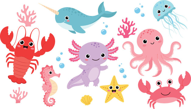 Set of cute ocean animal characters including octopus narwhal axolotl crab lobster and seahorse for children marine designs.
