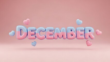 Cute 3D December Text with Hearts.