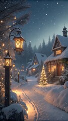 magical snowy Christmas village at night, glowing lanterns, snow-covered rooftops, twinkling lights, cozy and festive, cinematic, ultra-detailed, 9:16