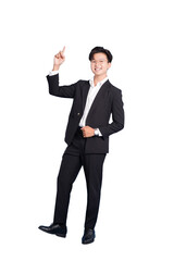 Business Insight: A confident businessperson points upward, showcasing a moment of innovative thought. The image represents the moment of inspiration and clarity.