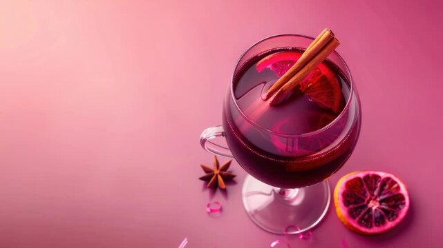 Delight in the allure of a tantalizing sangria cocktail, elegantly served in a stemmed glass on a pink tablecloth. The vibrant red sangria is adorned with zesty lemon slices and aromatic cinnamon
