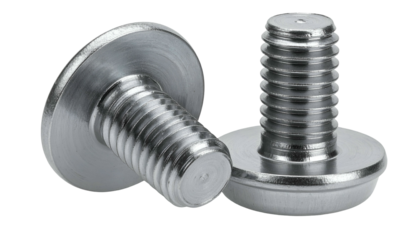 Two close-up, shiny metal screws with wide, flat heads, resting on a black surface